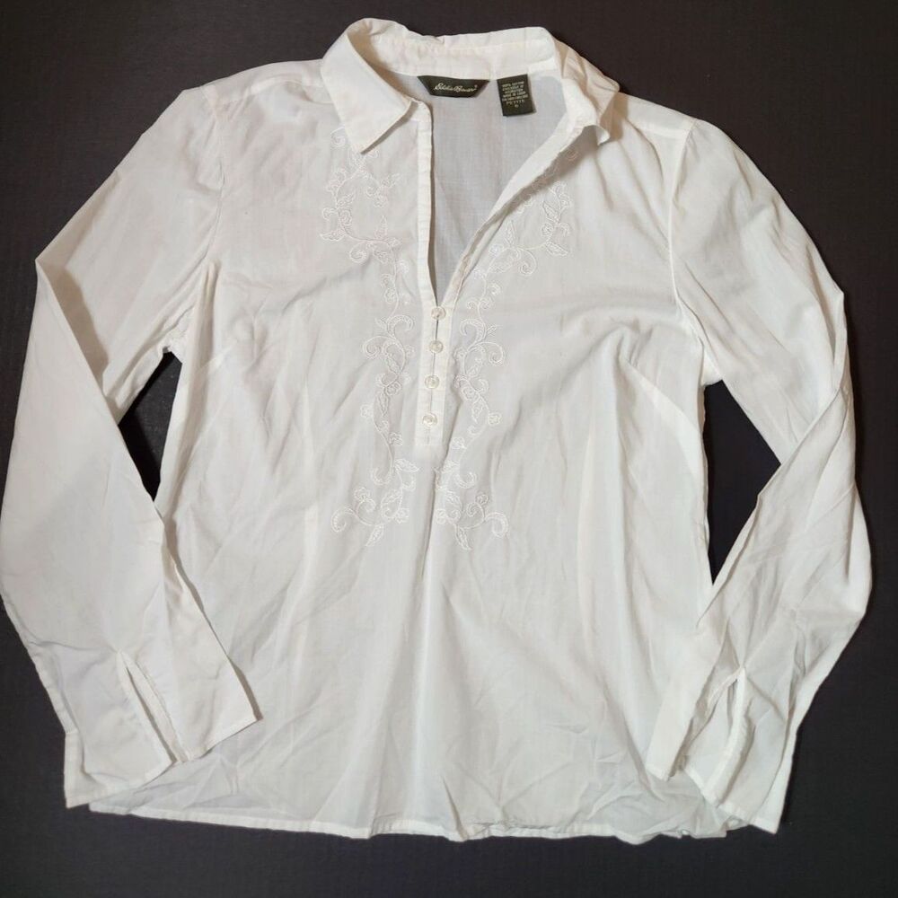 Eddie Bauer Women’s Petite Small White Button Blouse Long Sleeve Cotton